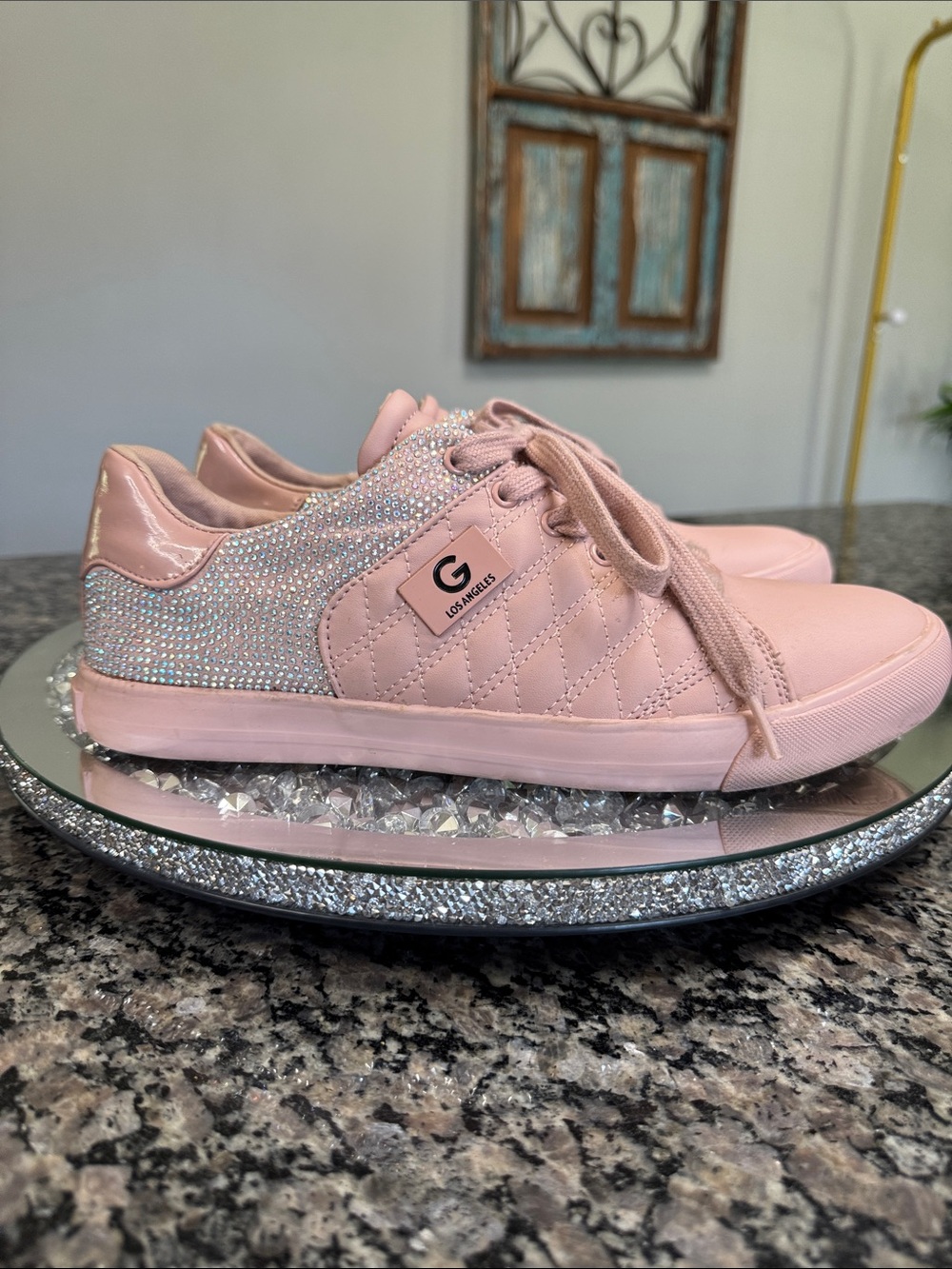 GBG Los Angeles Blush Pink Quilted Sneakers with Rhinestone Panels
